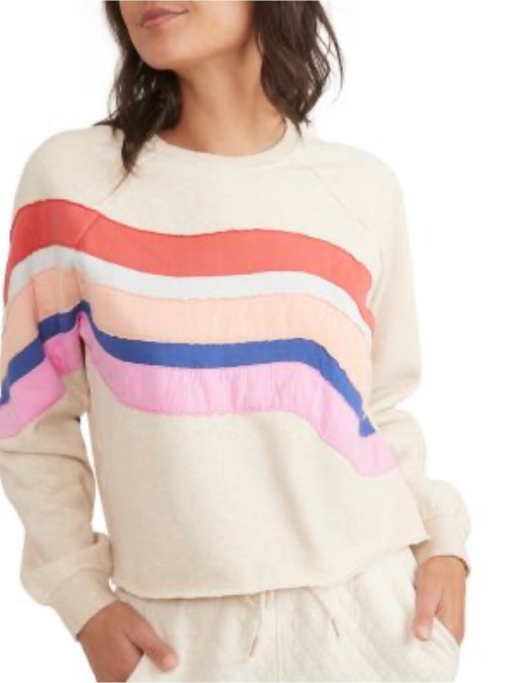 Marine Layer Archive Summit Sweatshirt Wave Striped Antique White Cropped XS